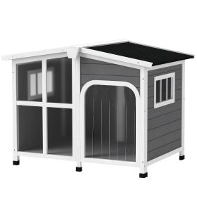 Cabin-Style Wooden Dog House for Large Dogs with Openable Roof & Giant Window, Dark Gray