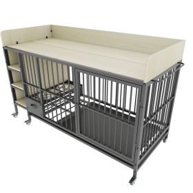 Large pet cage with storage rack, drawers with stainless steel food and water basin, made of iron frame and MDF material, sturdy, exquisite